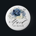 Dusty Blue Navy Champagne Ivory Maid of honor Knapp<br><div class="desc">Knappen Dusty blue blommigt Maid of honor med elegant bouquet av marinblått,  royal blått,  vitt,  guld,  champagne elfenben,   färg ro,  ranunculus blomknoppar och sage grönt eucalyptus löv och elegant vattenfärgsbukett. Kontakta mig om du behöver hjälp med anpassning eller om du behöver någon annan produkt med den här designen.</div>
