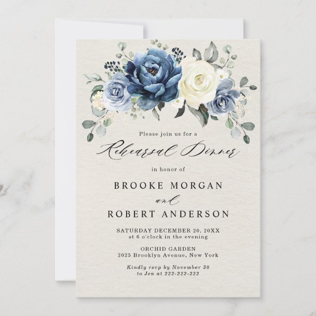 Dusty Blue Navy Champagne Ivory Rehearsal Dinner I Inbjudningar (Framsida)