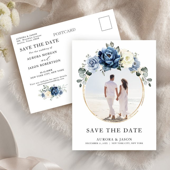 Dusty Blue Navy Champagne Ivory Spara datumet Meddelande Vykort (Dusty Blue Navy Champagne Ivory Save the Date Announcement Postcard)