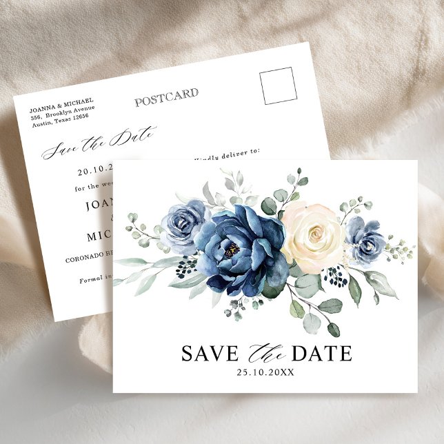 Dusty Blue Navy Champagne Ivory Spara datumet Vykort (Dusty Blue Navy Champagne Ivory Save the Date Postcard)