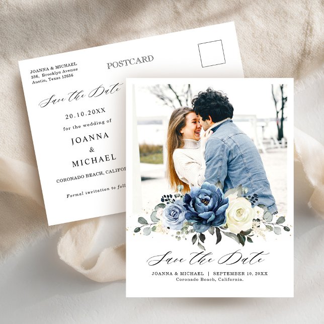 Dusty Blue Navy Champagne Ivory Spara datumet Vykort (Dusty Blue Navy Champagne Ivory Save the Date Postcard)