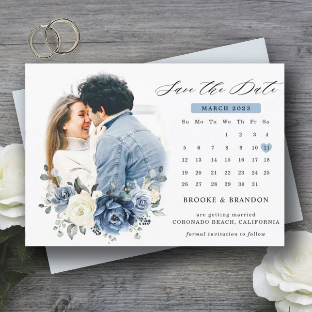 Dusty Blue Navy Champagne Ivory Spara datumet Vykort (Navy ivory calendar save the date)