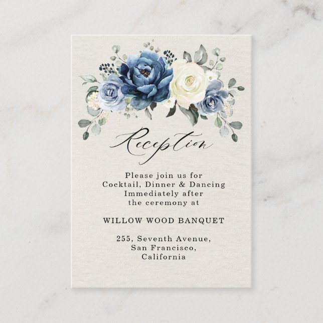 Dusty Blue Navy Champagne Ivory Wedement Reception Tilläggskort (Framsida)