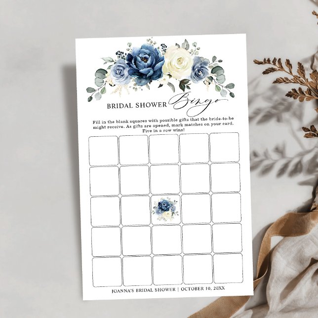 Dusty Blue Navy Champagne Möhippa Bingo (Dusty Blue Navy Champagne Bridal Shower Bingo game)