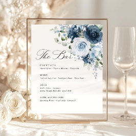Dusty Blue Navy Floral Wedding Bar Menu Template