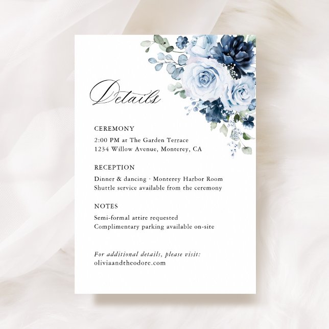 Dusty Blue Navy Floral Wedding Details, Ceremony Tilläggskort (Dusty blue navy watercolor floral wedding details enclosure card, ceremony reception insert flatlay)