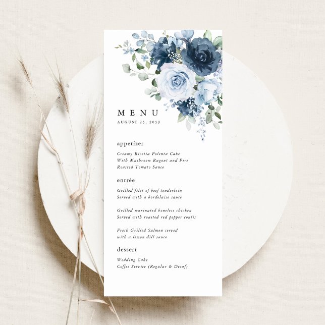 Dusty Blue Navy Floral Wedding Reception Dinner Meny (Dusty blue floral wedding menu card on a neutral plate, elegant watercolor flowers & modern layout)