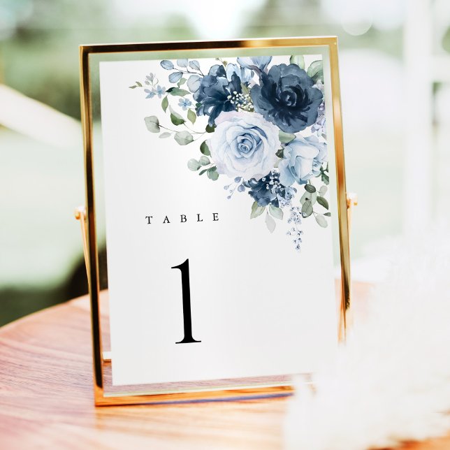 Dusty Blue Navy Floral Wedding Table Number Card Bordsnummer (Dusty blue floral wedding table number card in gold frame, elegant modern reception decor)