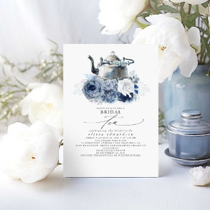 Dusty Blue Navy Flowers Elegant Möhippa Tea Inbjudningar