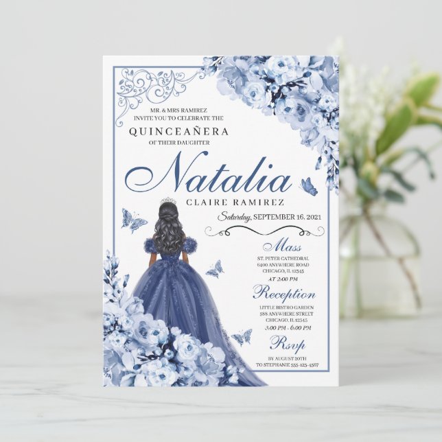 Dusty Blue Navy Flowers Tiara Quinceañera Inbjudningar (Stående Fram)