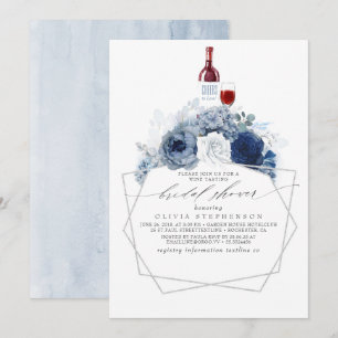 Dusty Blue Navy Flowers Vin Tasting Möhippa Inbjudningar