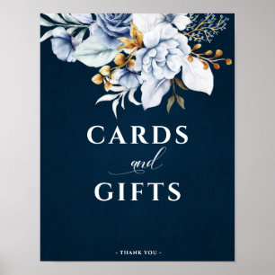 Dusty Blue Navy Guld Blommigt Bröllopskort & Gifts Poster