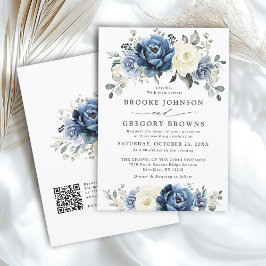 Dusty Blue Navy Ivory Blommigt Boho Bröllop QR-kod Inbjudningar