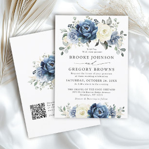 Dusty Blue Navy Ivory Blommigt Boho Bröllop QR-kod Inbjudningar