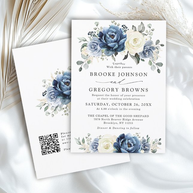 Dusty Blue Navy Ivory Blommigt Boho Bröllop QR-kod Inbjudningar (Dusty Blue Navy Ivory Floral Boho Wedding QR Code Invitation)