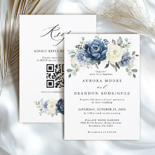 Dusty Blue Navy Ivory Blommigt Boho Bröllop QR-kod Inbjudningar