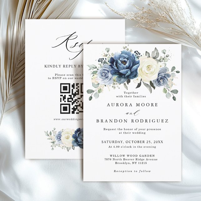 Dusty Blue Navy Ivory Blommigt Boho Bröllop QR-kod Inbjudningar (Dusty Blue Navy Ivory Floral Boho Wedding QR Code Invitation)
