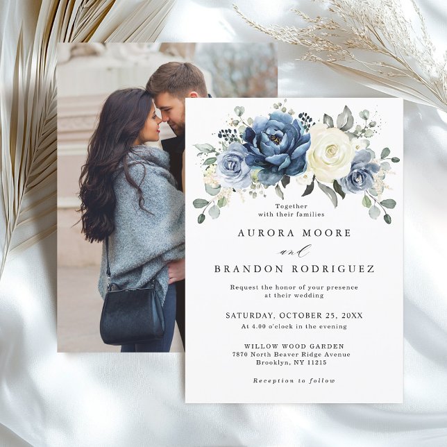 Dusty Blue Navy Ivory Blommigt Boho Bröllop QR-kod Inbjudningar (Dusty Blue Navy Ivory Floral Boho Wedding Photo back Invitation)