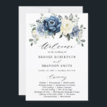 Dusty Blue Navy Ivory Blommigt Bröllopsprogram Car Inbjudningar<br><div class="desc">Bröllopbjudan till Dusty Blue blommigt med elegant bouquet marinblått,  royal blått,  vitt,  guld,  champagneelfenben,   färg ro,  ranunculus blomknoppar och sage grönt eucalyptus löv och elegant vattenfärgsbuquet. Kontakta mig om du behöver hjälp med anpassning eller om du behöver någon annan produkt med den här designen.</div>