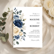 Dusty Blue Navy & Ivory Rose Blommig Bröllop