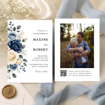 Dusty Blue Navy & Ivory Rose QR-kod Foto Bröllop