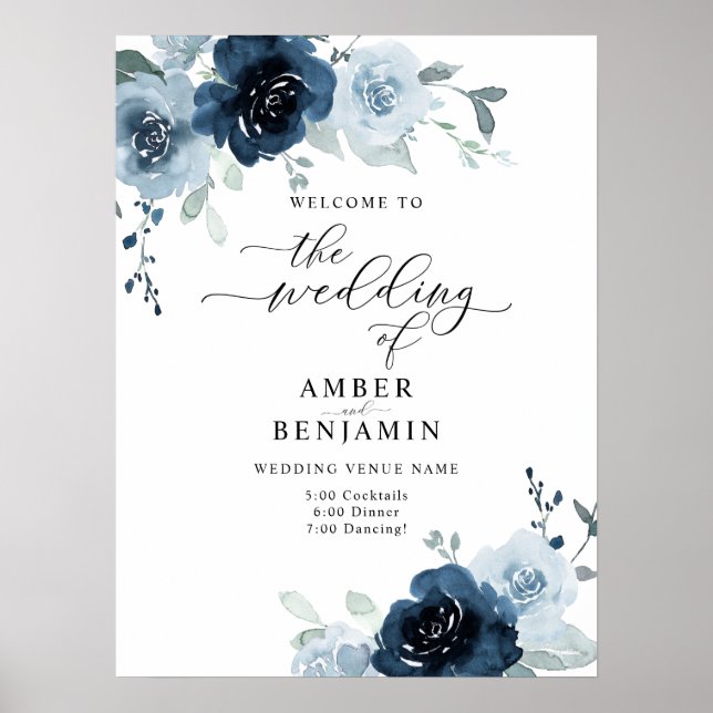 Dusty Blue Navy Pastel Boho Blommigt Bröllop Välko Poster (Framsidan)