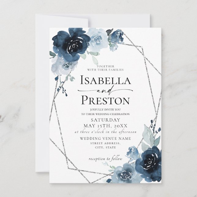 Dusty Blue Navy Pastel Silver Foil Blommigt Bröllo Inbjudningar (Framsida)