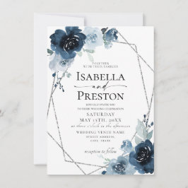 Dusty Blue Navy Pastel Silver Foil Blommigt Bröllo Inbjudningar