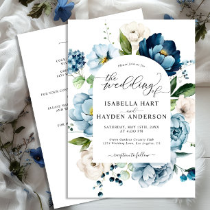 Dusty Blue Navy Peony all in 1 QR Code Bröllop Inbjudningar
