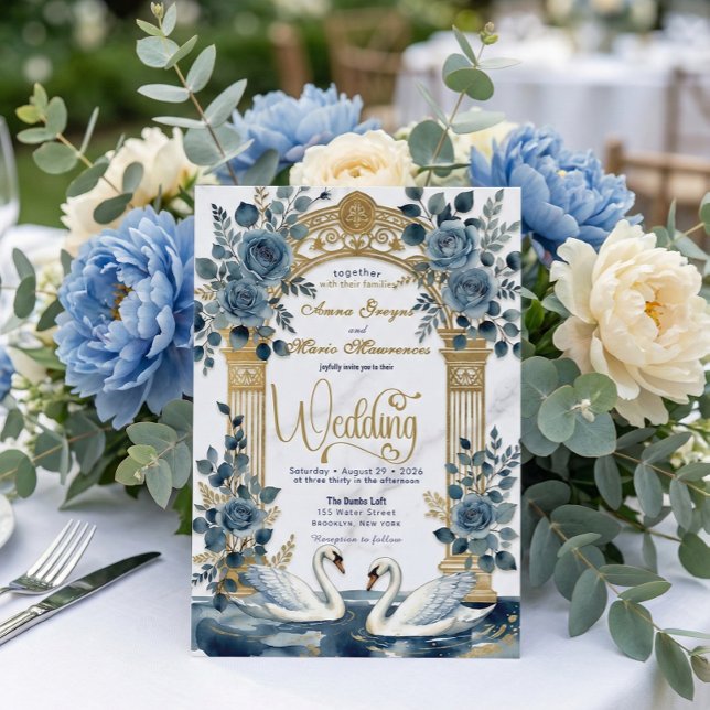 Dusty Blue Navy Rose Faux Gold Garden  Wedding Inbjudningar (Skapare uppladdad)