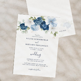 Dusty Blue Navy Script Blommigt Bröllop Inbjudningar