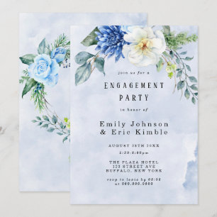 Dusty Blue Navy Watercolor Blommigt Förlovningsfes Inbjudningar