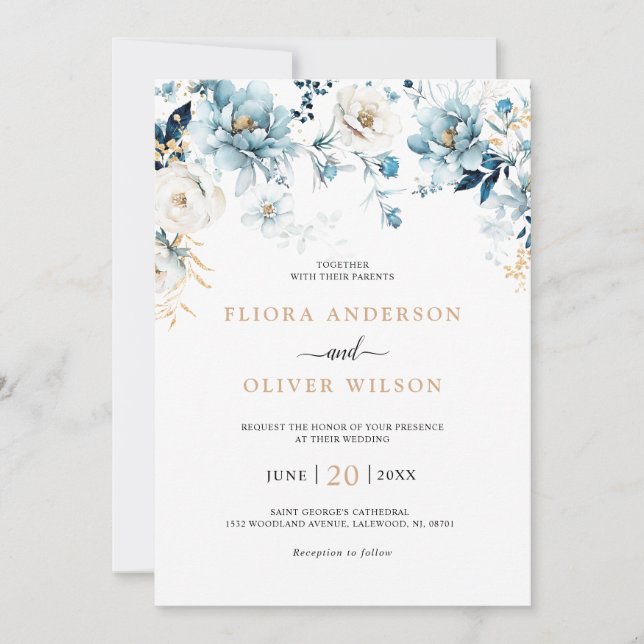 Dusty Blue Navy White Ivory Guld Blommigt Bröllop Inbjudningar (Framsida)