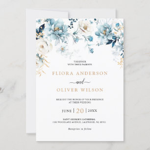 Dusty Blue Navy White Ivory Guld Blommigt Bröllop Inbjudningar