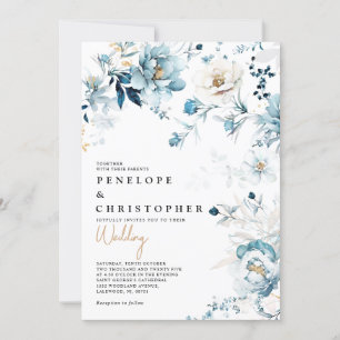 Dusty Blue Navy White Ivory Guld Blommigt Bröllop Inbjudningar