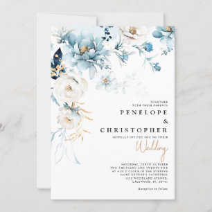 Dusty Blue Navy White Ivory Guld Blommigt Bröllop  Inbjudningar