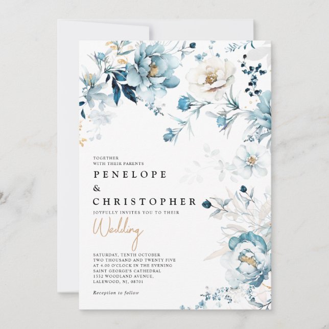 Dusty Blue Navy White Ivory Guld Blommigt Bröllop  Inbjudningar (Framsida)