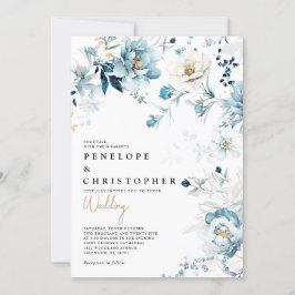 Dusty Blue Navy White Ivory Guld Blommigt Bröllop  Inbjudningar