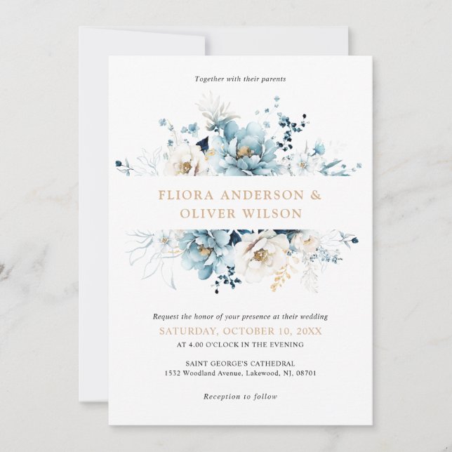 Dusty Blue Navy White Ivory Guld Blommigt Bröllop Inbjudningar (Framsida)