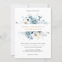 Dusty Blue Navy White Ivory Guld Blommigt Bröllop Inbjudningar