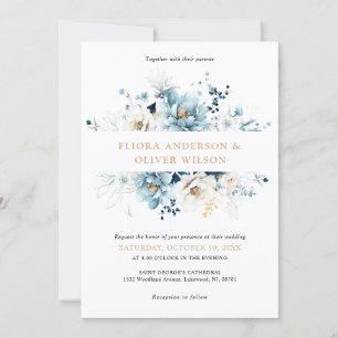 Dusty Blue Navy White Ivory Guld Blommigt Bröllop Inbjudningar