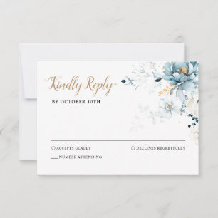 Dusty Blue Navy White Ivory Guld Blommigt Bröllop OSA Kort