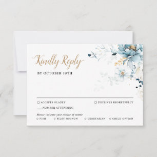 Dusty Blue Navy White Ivory Guld Blommigt Bröllop OSA Kort