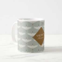 Dusty Blue Neutralt Birds Cranes Art Deco Monogram Kaffemugg