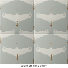 Dusty Blue Neutralt Birds Cranes Art Deco Mönster Kakelplatta