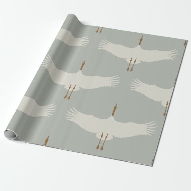 Dusty Blue Neutralt Birds Cranes Art Deco Mönster Presentpapper (Utrullad)
