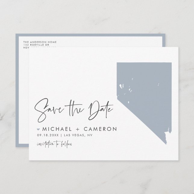 Dusty Blue Nevada State Karta QR Code Save Date Meddelande Vykort (Fram/baksida)