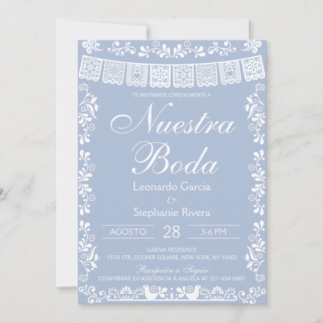 Dusty Blue Nuestra Boda Papel Picado Bröllop Inbjudningar (Framsida)