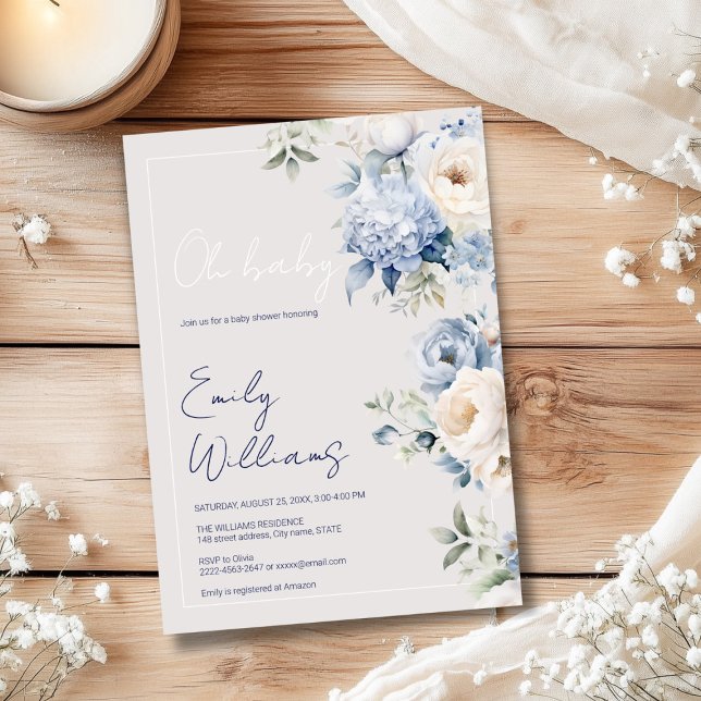 Dusty blue och beige babyduschinbjudan inbjudningar (Oh baby baby shower invitation with blue and white rises and peonies )