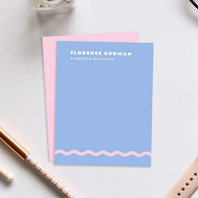 Dusty Blue och Blek Rosa Vågigt Ram Personal Tack Kort (soft periwinkle blue personal stationery note cards with shell pink backer and wavy line detail)